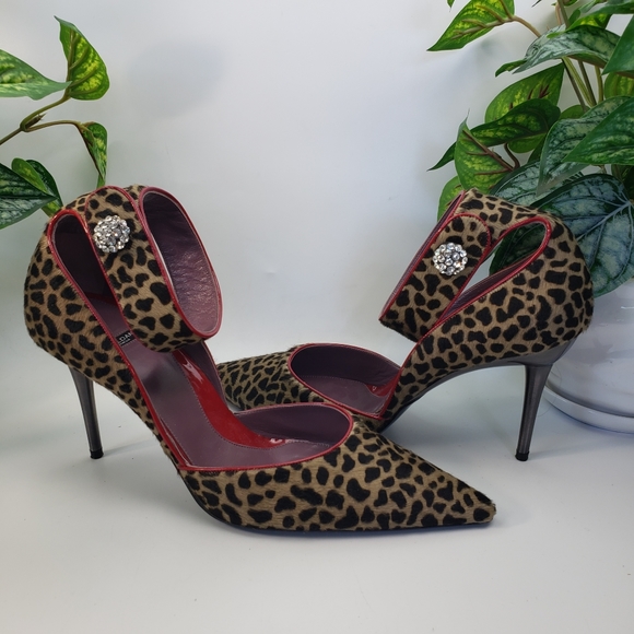 Baldan Fur Leopard Stiletto w/ Ankle Strap and Rhinstones - Mobwife 39/8.5 - Picture 3 of 15
